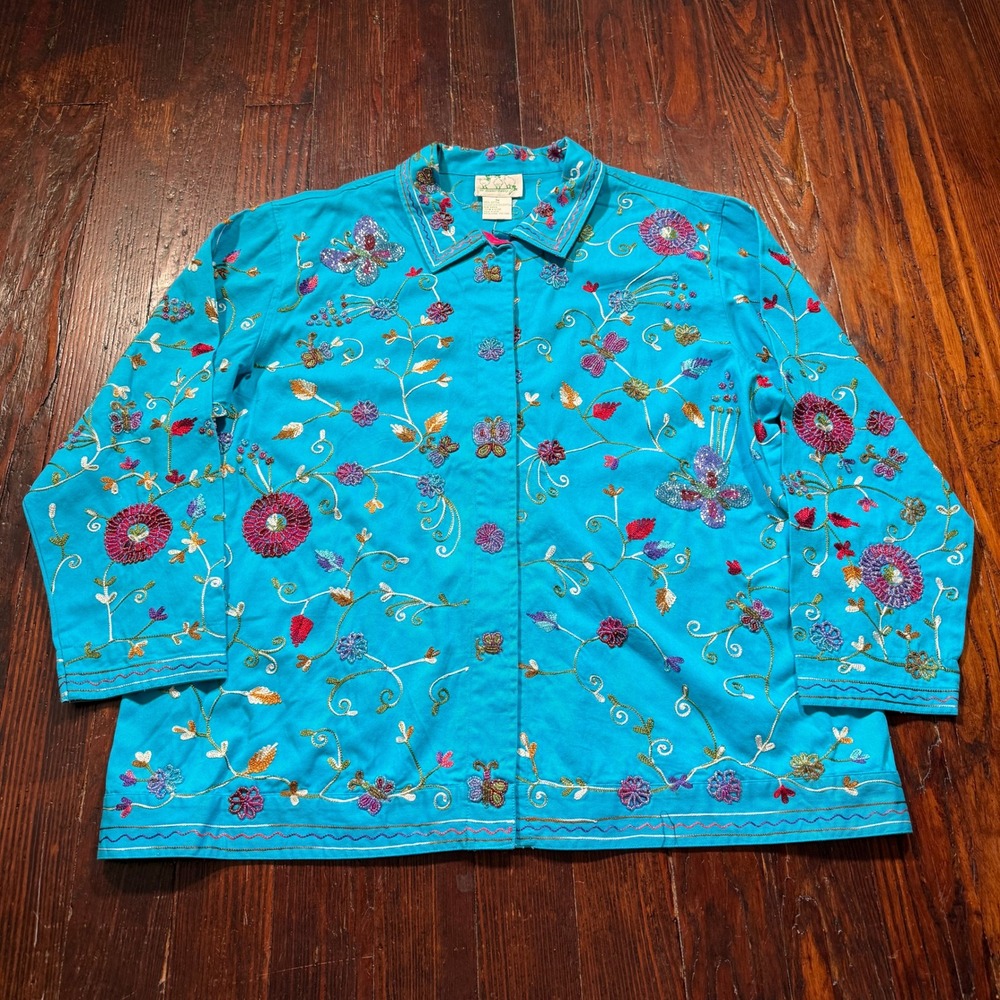 Quacker Factory Jacket Womens 1X Turquoise Beaded Floral Butterfly Cotton Twill